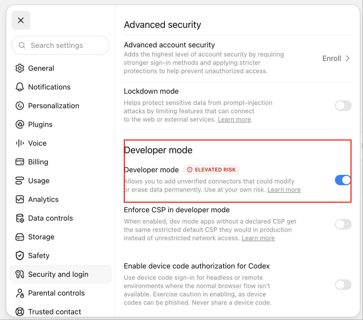 ChatGPT's Security and login settings with the Developer mode toggle switched on