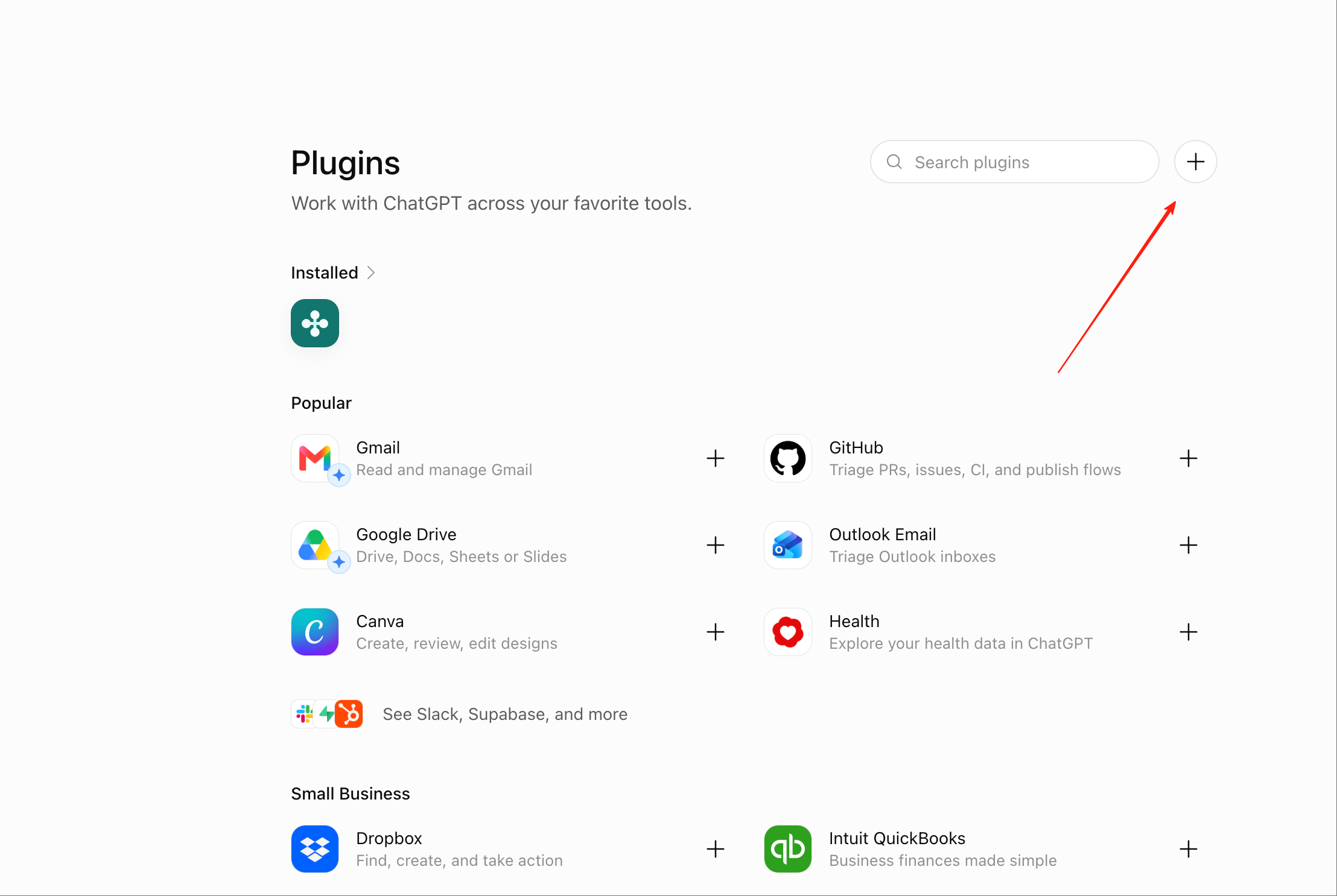 ChatGPT's Plugins page with the add button highlighted