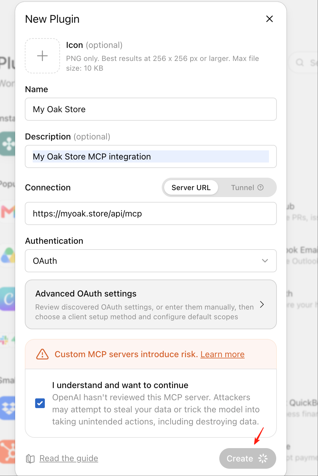 The New Plugin dialog filled in with the Oak Store connection address and OAuth selected