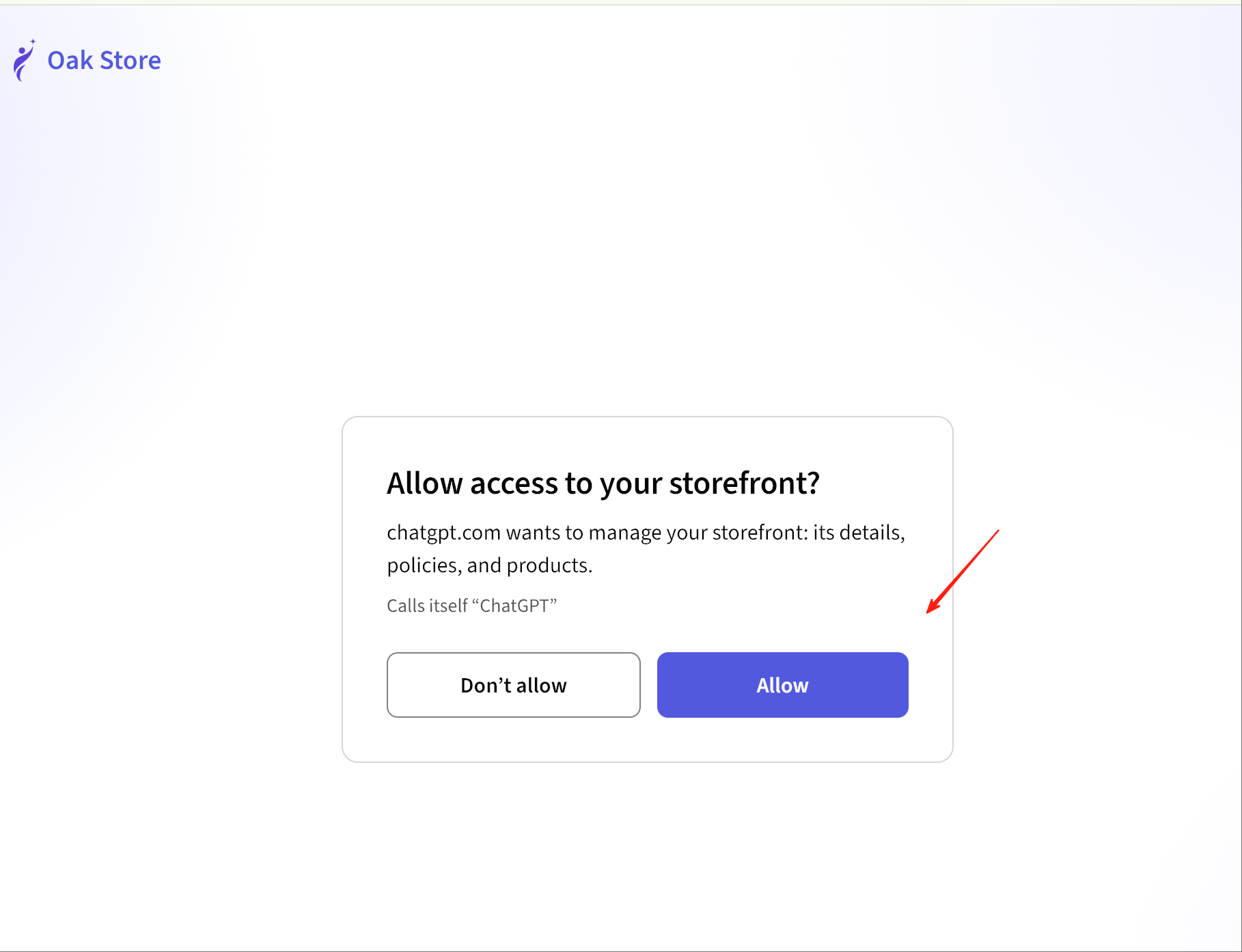 Oak Store's permission screen asking whether chatgpt.com may manage your storefront