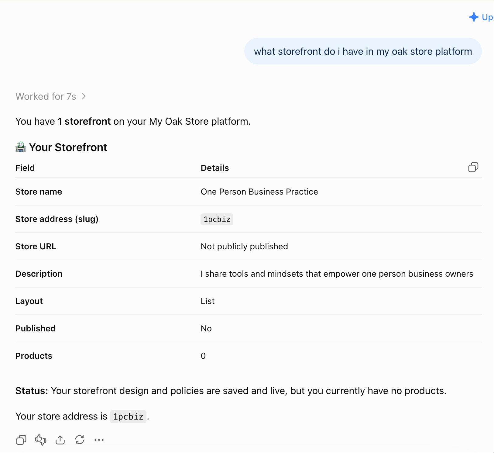 ChatGPT answering with the store name, address, layout and product count