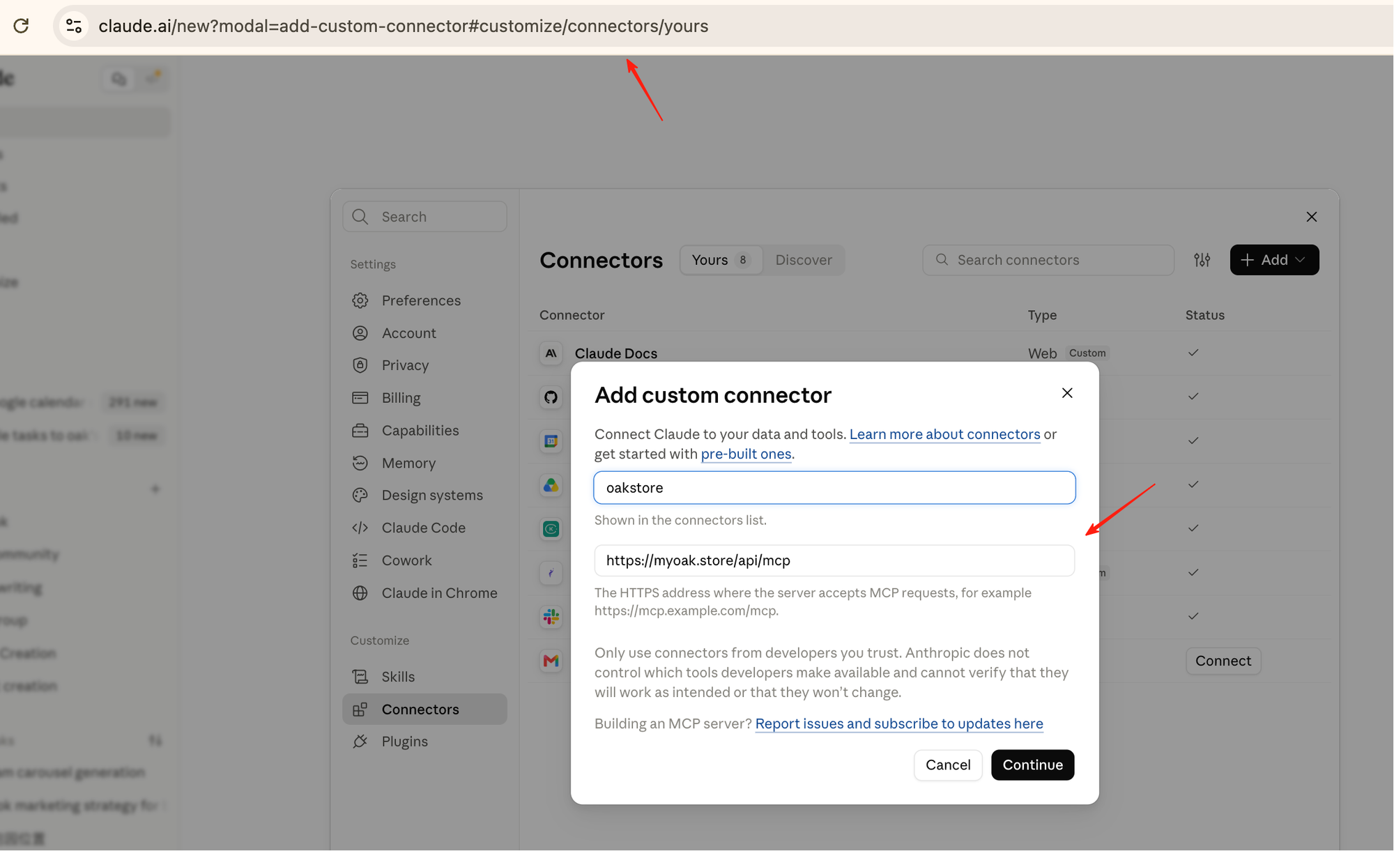 Claude's Add custom connector dialog with the name and the Oak Store address filled in