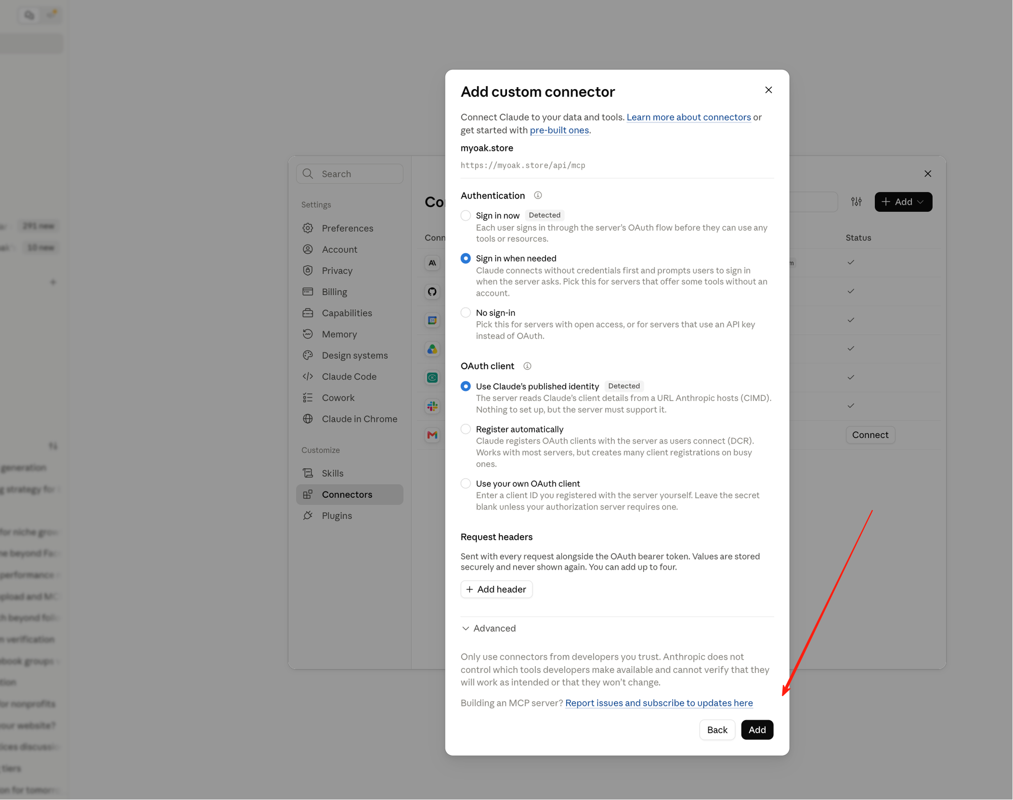 The second panel of the dialog, with the sign-in settings detected and the Add button