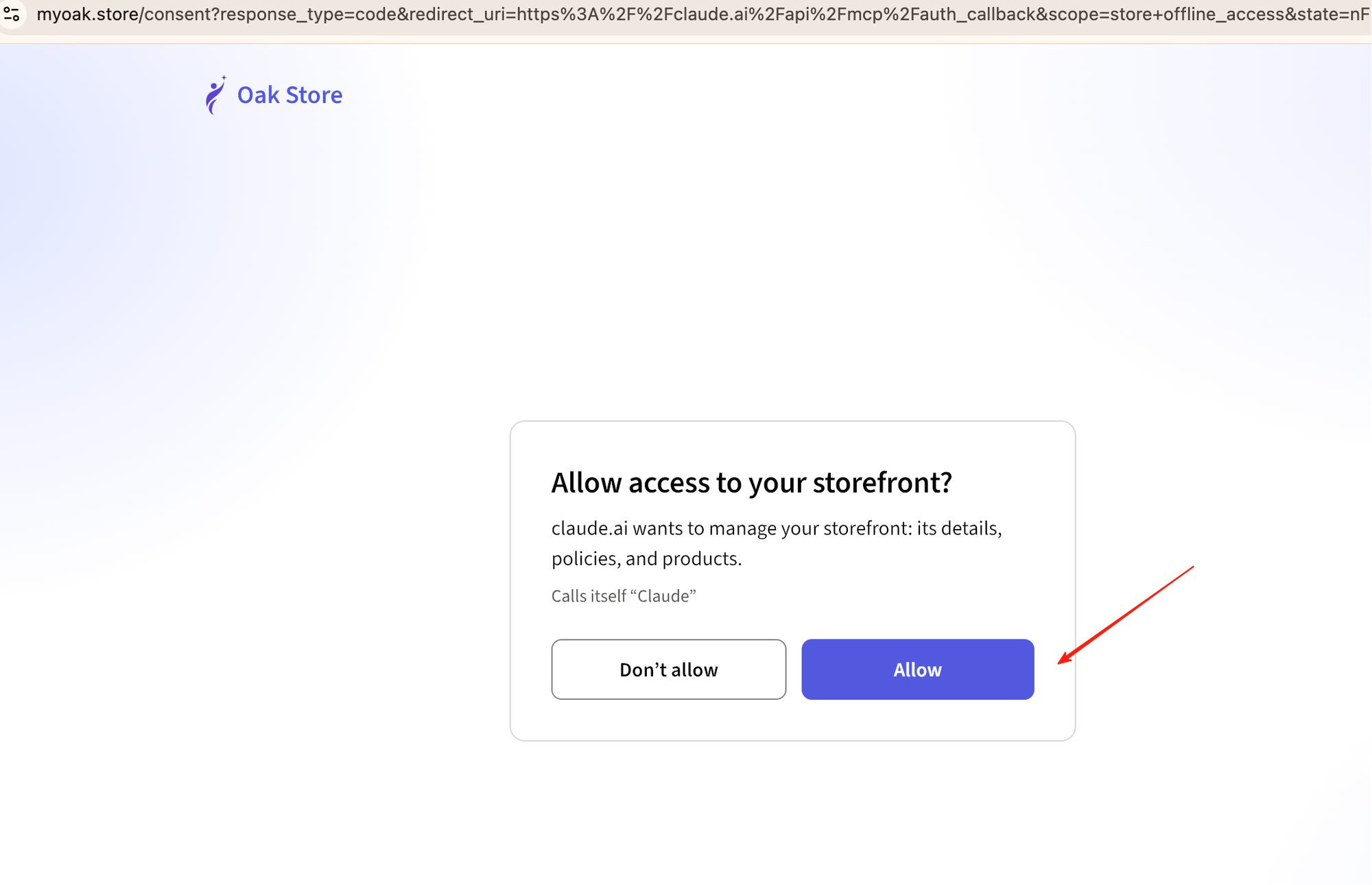 Oak Store's permission screen asking whether claude.ai may manage your storefront