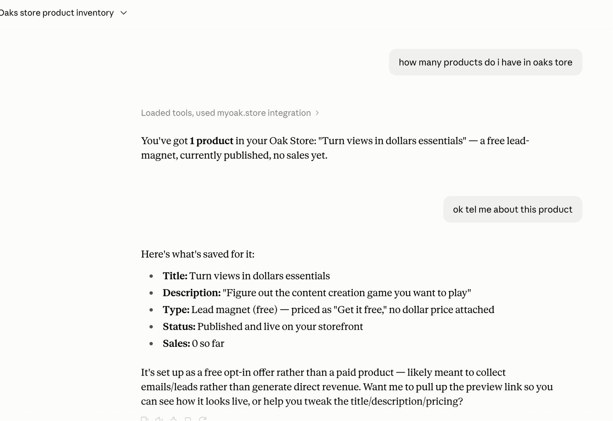 Claude answering a question about the products in the creator's Oak Store