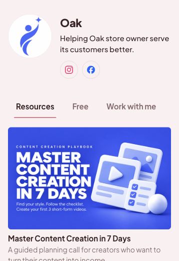 Oak’s storefront with digital products and services